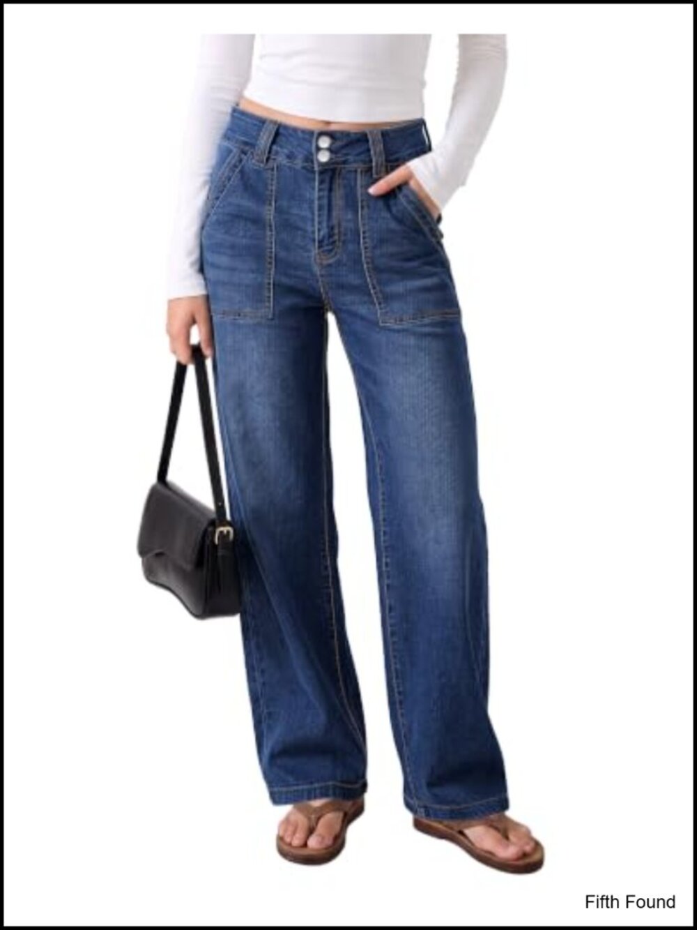 High Waisted Straight Leg Jeans Dual Button Zip Fly Loose Fit Patch Pocket